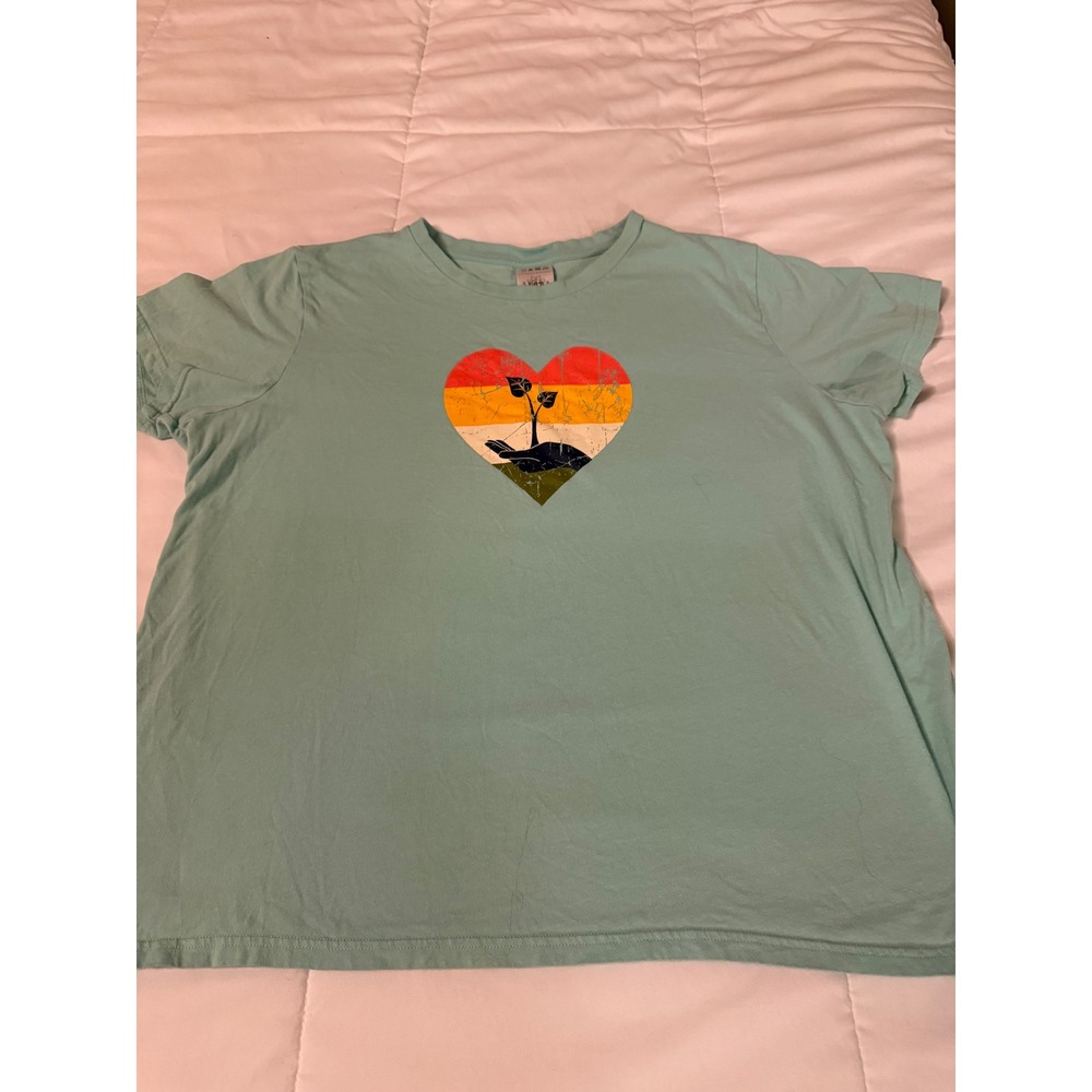 Serra Womens XL Mint Green Cotton Graphic T-Shirt Heart Plant Sprout Retro Tee